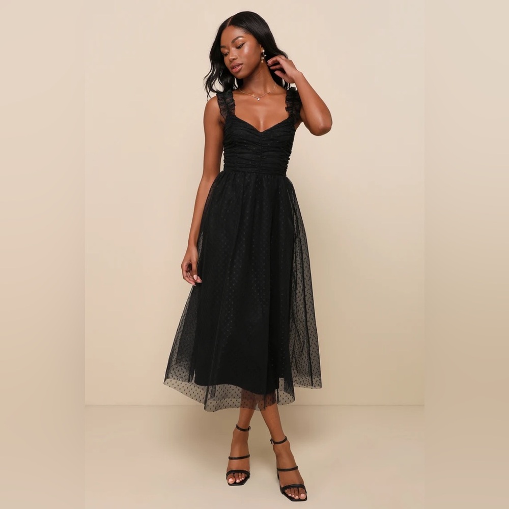 Lulus Forever Celebrated Black Swiss Dot Ruched Tulle Midi Dress